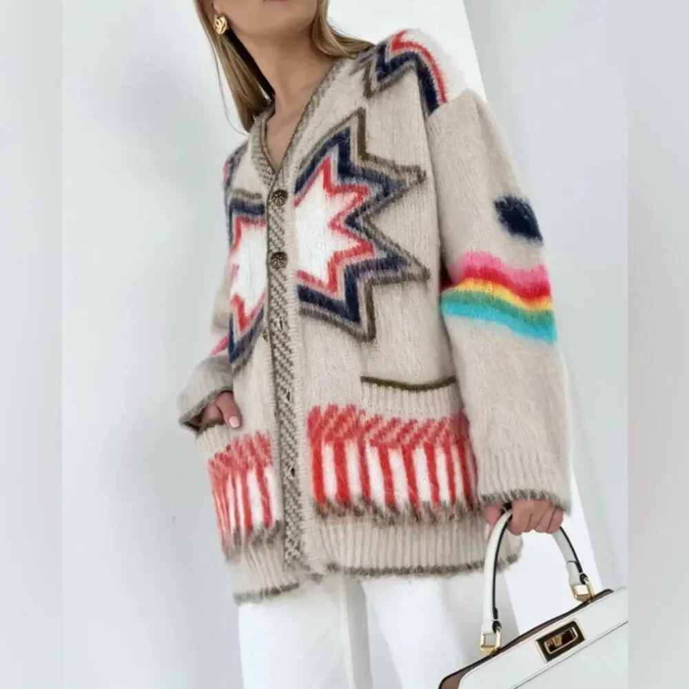 Vita Grace Carousel Oversized Fairisle Cardigan Mohair Wool Blend One Size